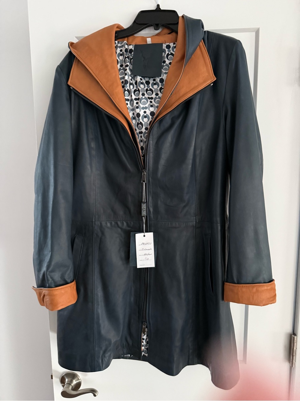 Women's Two-Tone Leather Hooded Coat- Navy Blue with Tan Trim